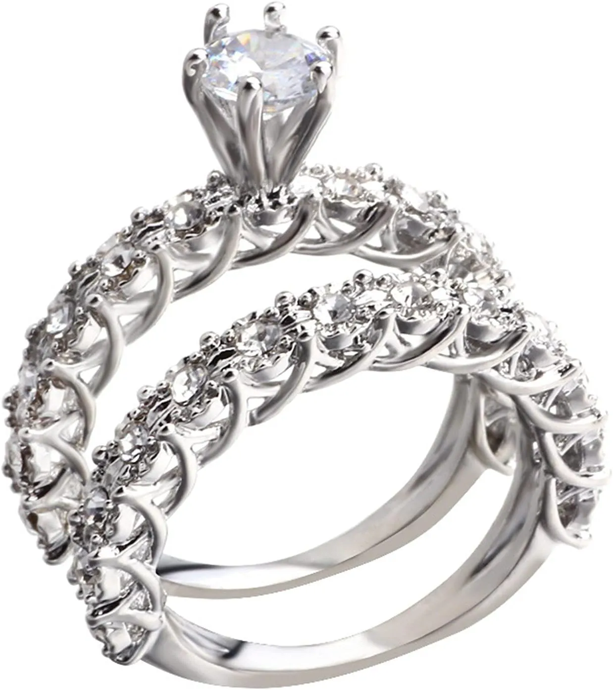Vintage Cubic Zirconia Wedding Band Twisting Pave Set Engagement Rings for Women Round Cut Bridal Ring Sets Silver