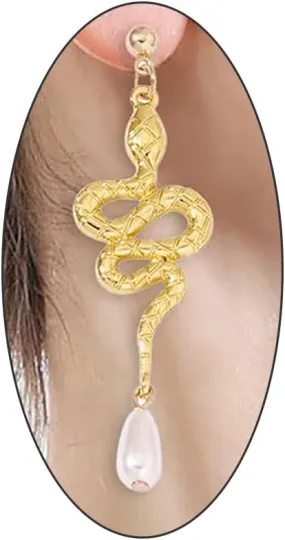 Vintage Gold Plated Snake Pearl Dangly Earrings for Women Boho Serpent Bead Dangle Drop Statement Earrings Personality Animal Earrings Jewelry Gift