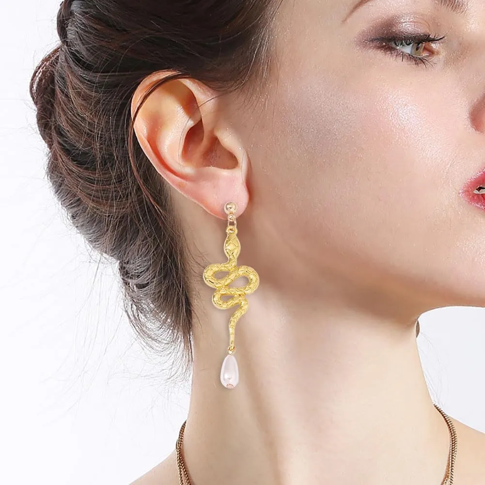 Vintage Gold Plated Snake Pearl Dangly Earrings for Women Boho Serpent Bead Dangle Drop Statement Earrings Personality Animal Earrings Jewelry Gift