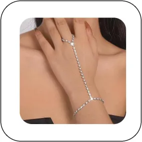 Vintage Hand Chain Bracelet Ring for Women Shiny Tennis Rhinestones Slave Bracelet Layered Adjustable Finger Ring Bangle Bracelets Hand Jewelry Accessories