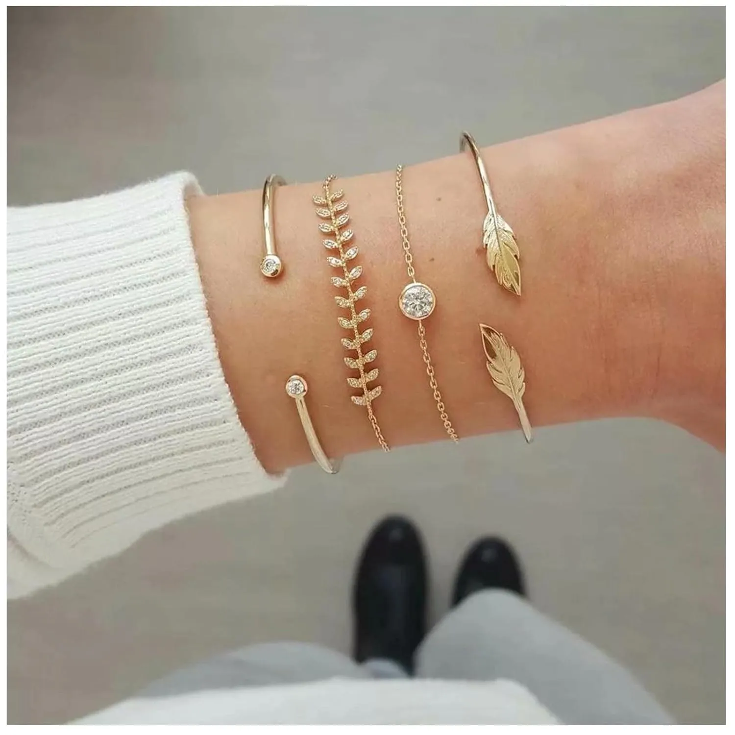 Vintage Layered Gold Bangle Bracelet Chunky Gothic Fishbone Bracelet Arrow Leaf Bracelet Adjustable Leaf Open Cuff Bracelet Chevron V Arrow Bracelet Set Jewelry for Women (Gold A)