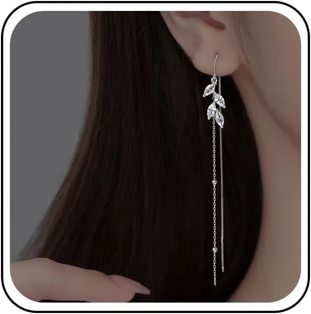 Vintage Rhinestone Leaf Threader Earrings Silver Long Chain Threader Earrings Crystal Leaf Dangle Earrings Long Bar Threader Chain Earrings Jewelry for Women