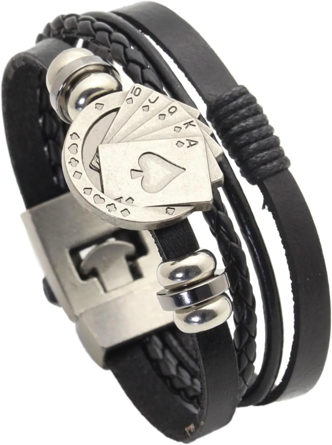 VJOSA Punk Rock Vintage Alloy Playing Card Poker Bead Braided Multi Layer Pu Leather Cuff Bracelet