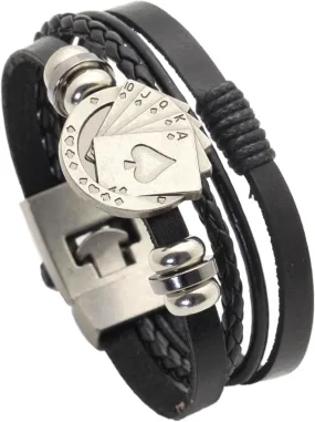 VJOSA Punk Rock Vintage Alloy Playing Card Poker Bead Braided Multi Layer Pu Leather Cuff Bracelet