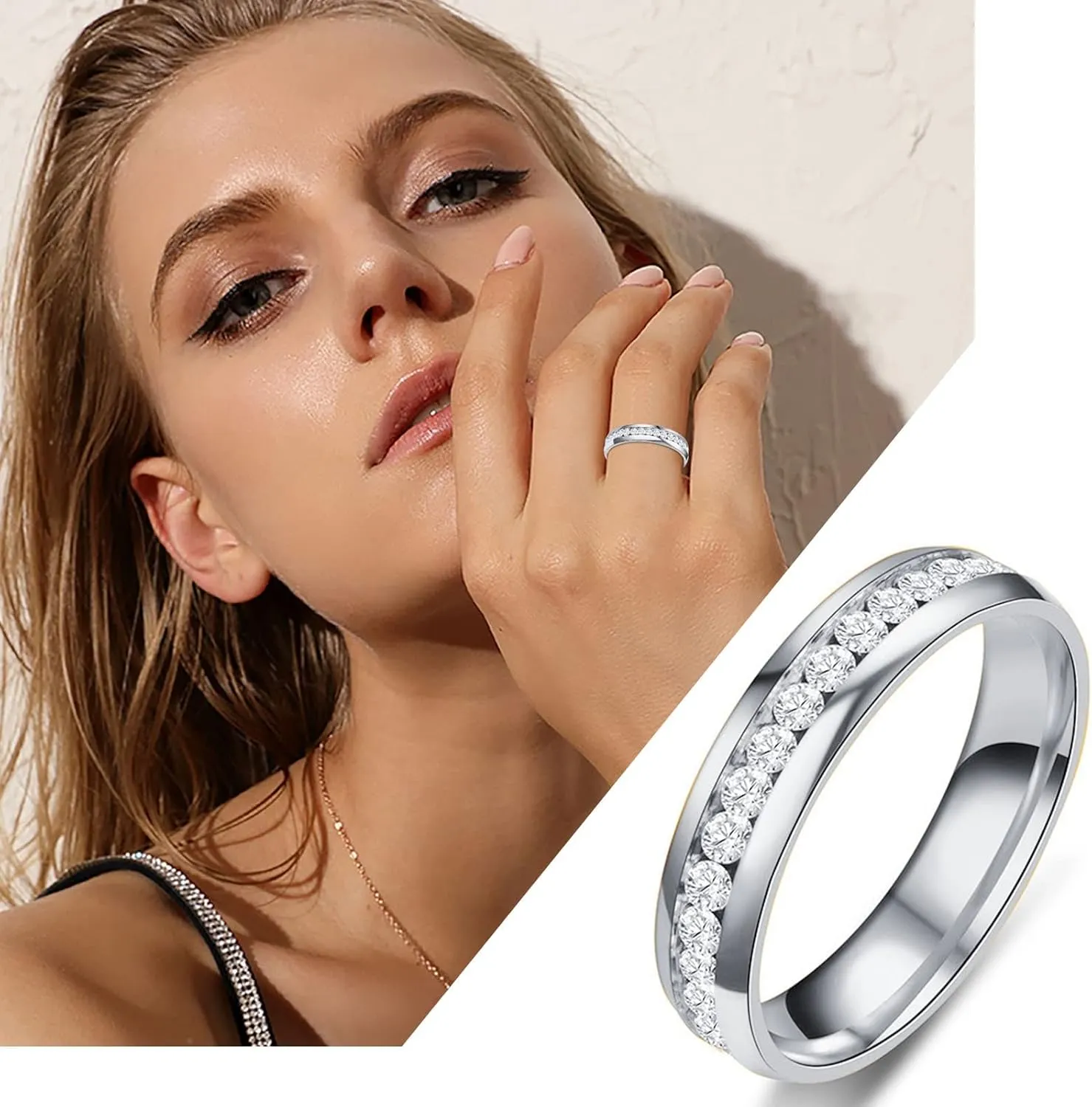 Wedding Band for Women,Gold Plated Solid Sterling Sliver Tiny Cubic Zirconia Inlaid Rings Stackable Eternity Promise Rings