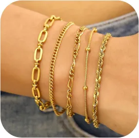 wgoud Dainty Gold Chain Bracelets, 14K Real Gold Plated Link Bracelets for Women, Trendy Stackable Bracelet Set, Waterproof Adjustable