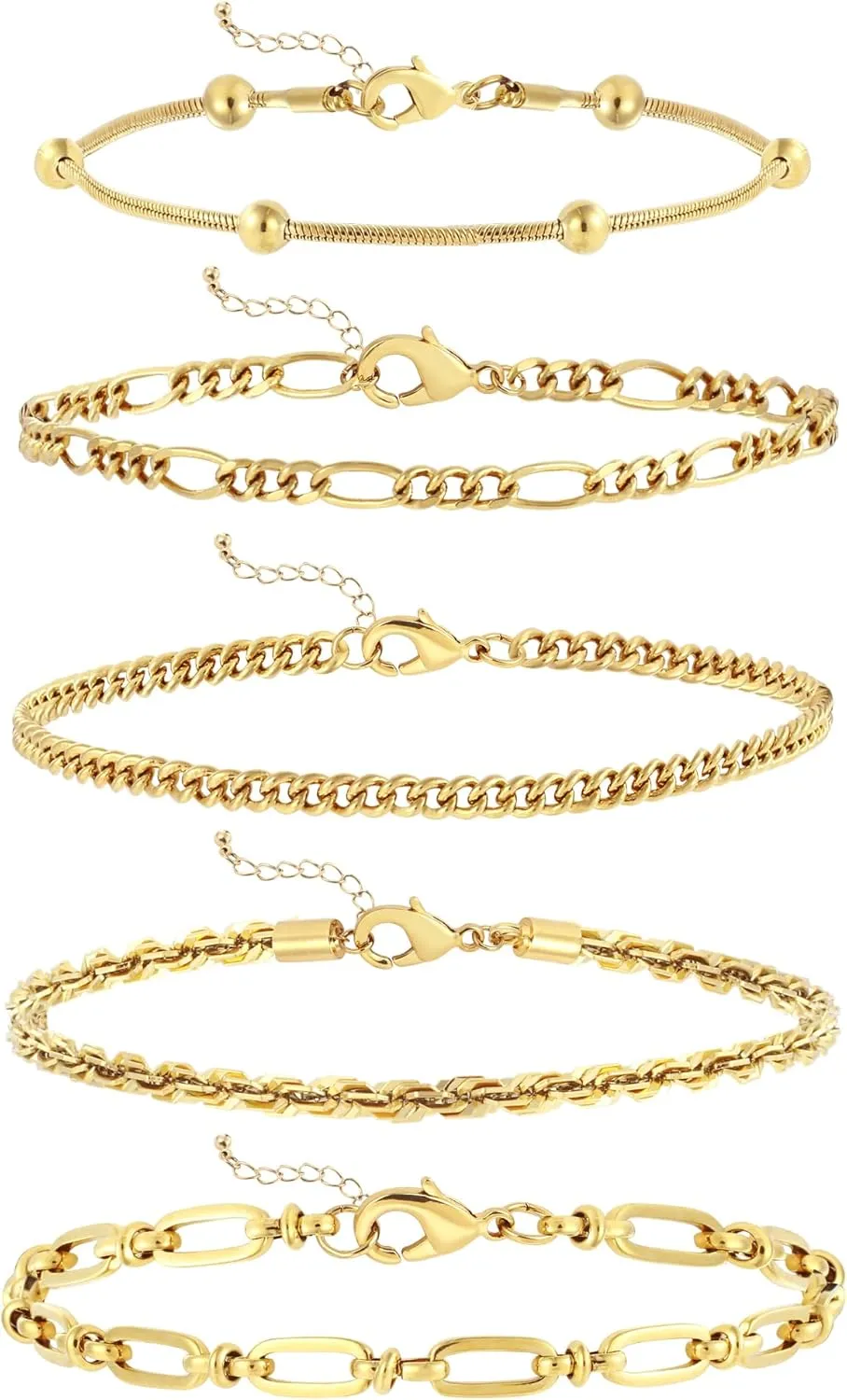 wgoud Dainty Gold Chain Bracelets, 14K Real Gold Plated Link Bracelets for Women, Trendy Stackable Bracelet Set, Waterproof Adjustable
