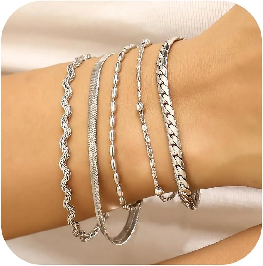 wgoud Dainty Gold Chain Bracelets, 14K Real Gold Plated Link Bracelets for Women, Trendy Stackable Bracelet Set, Waterproof Adjustable