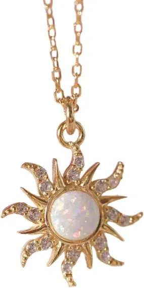 White Opal Gold Sun Pendant Necklace - Boho Sunburst Style for Women