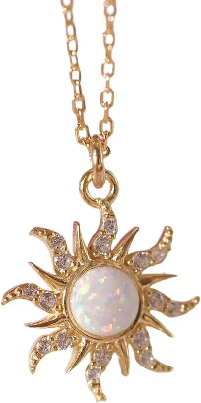 White Opal Gold Sun Pendant Necklace - Boho Sunburst Style for Women