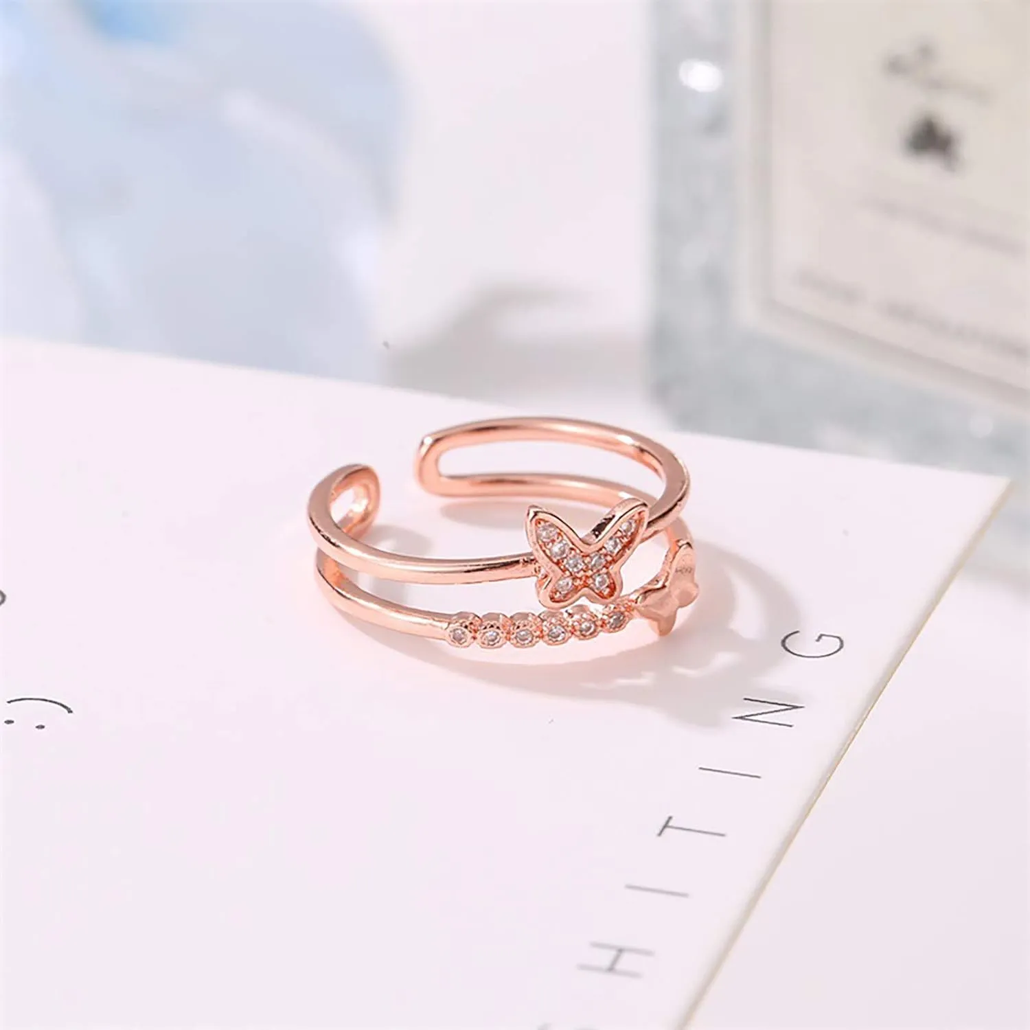 Women Butterfly Opening Ring Double Layer CZ Simulated Diamond Adjustable Rings Inlaid Zircon Jewelry (Rose Gold, One Size)