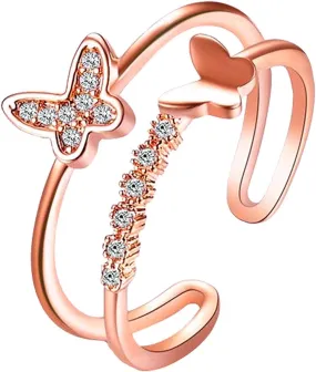 Women Butterfly Opening Ring Double Layer CZ Simulated Diamond Adjustable Rings Inlaid Zircon Jewelry (Rose Gold, One Size)