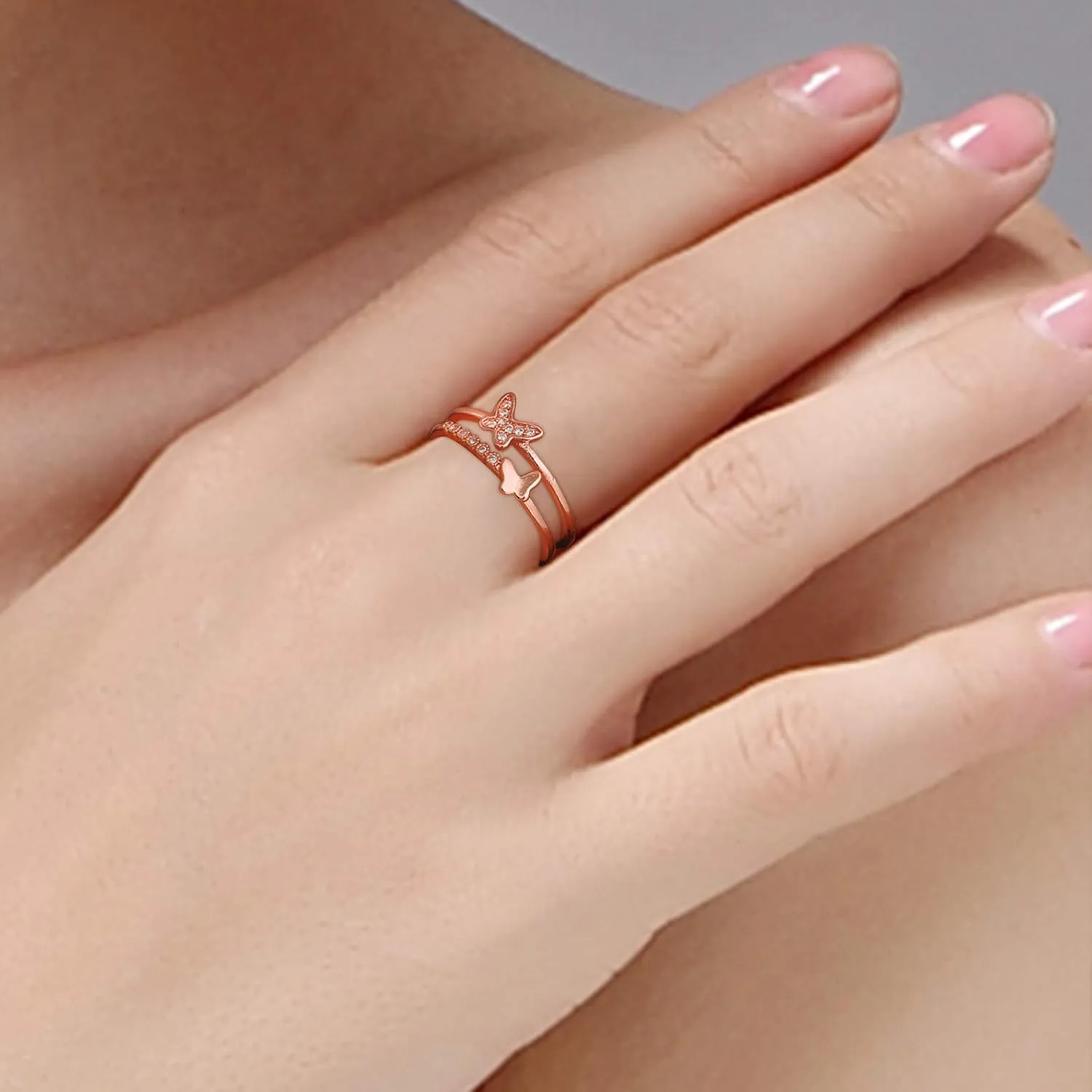 Women Butterfly Opening Ring Double Layer CZ Simulated Diamond Adjustable Rings Inlaid Zircon Jewelry (Rose Gold, One Size)
