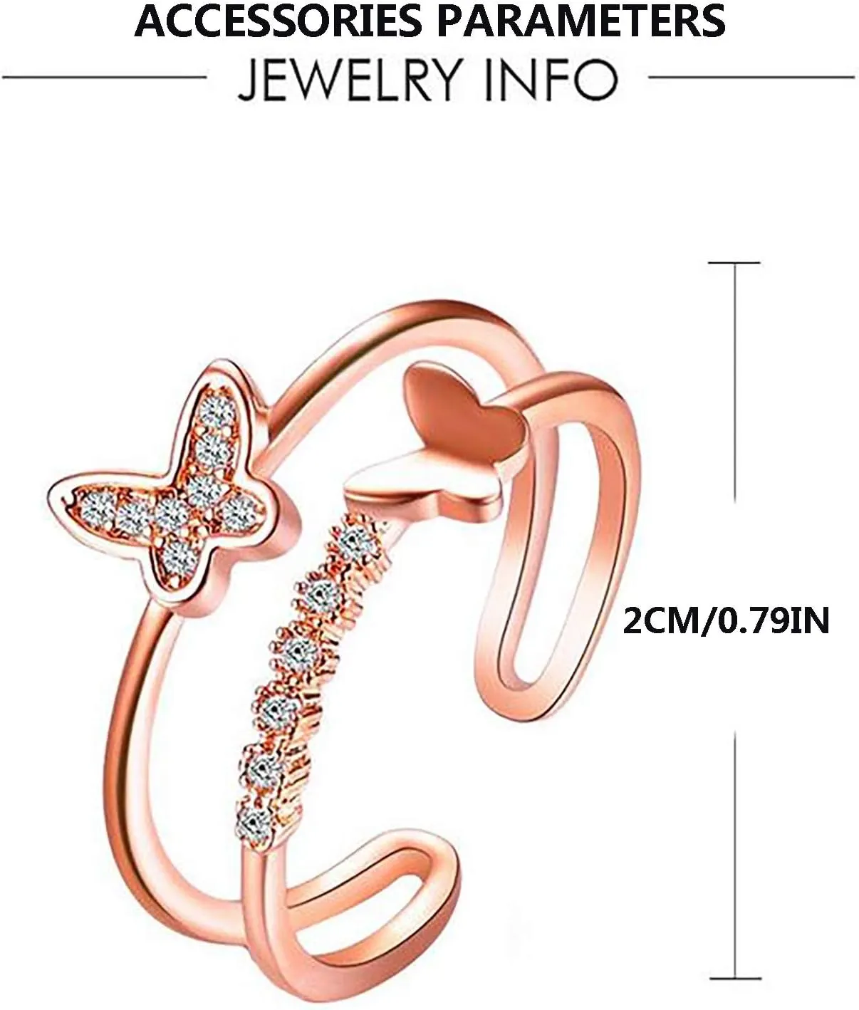 Women Butterfly Opening Ring Double Layer CZ Simulated Diamond Adjustable Rings Inlaid Zircon Jewelry (Rose Gold, One Size)
