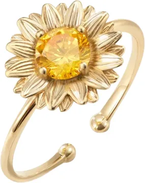 Women CZ Simulated Diamond Sunflower Ring Adjustable Opening Ring Zircon Anniversary Ring (Gold, One Size)