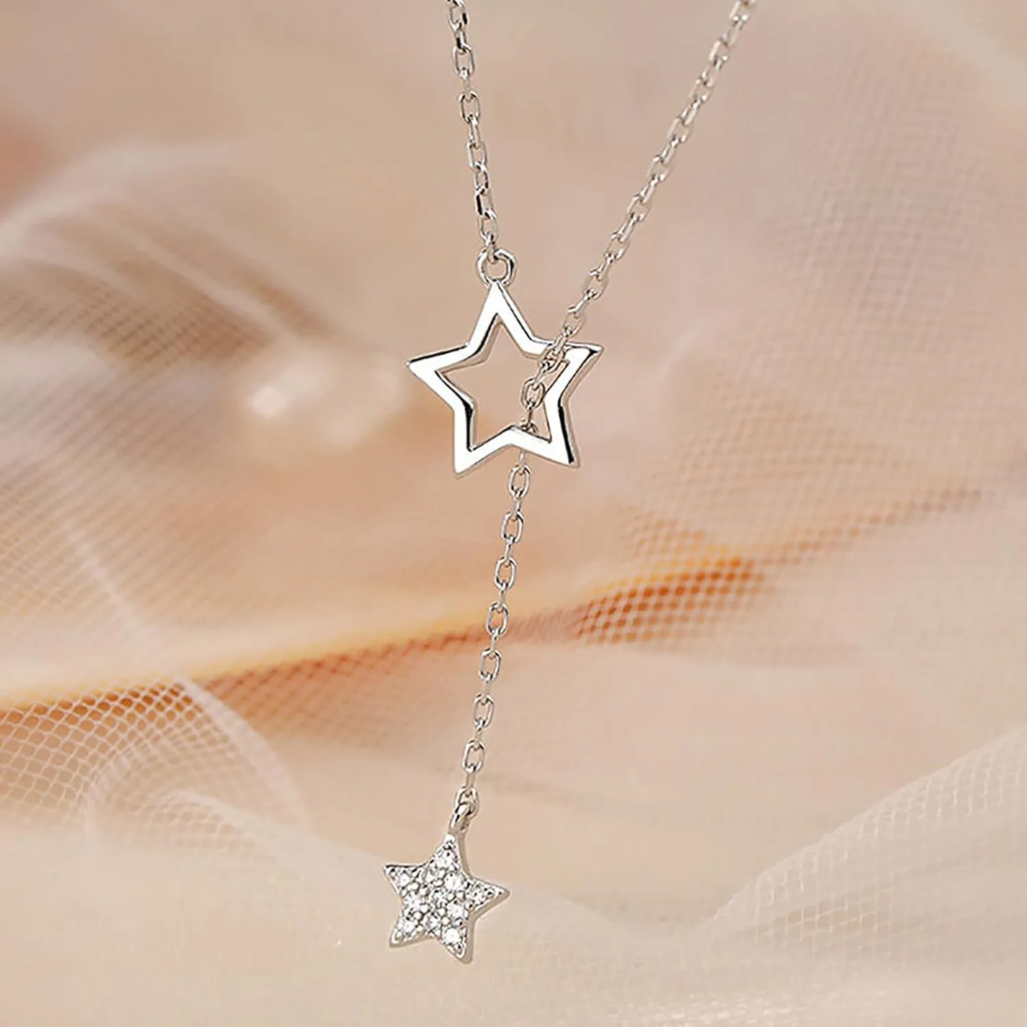 Women Elegant Necklace Multilayer Long Necklace Fashion Layered Star Necklace Pendant Collarbone Chain (Silver, One Size)