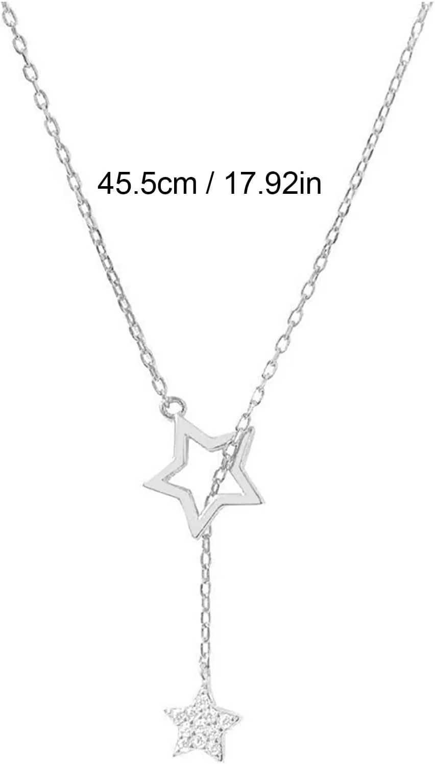 Women Elegant Necklace Multilayer Long Necklace Fashion Layered Star Necklace Pendant Collarbone Chain (Silver, One Size)