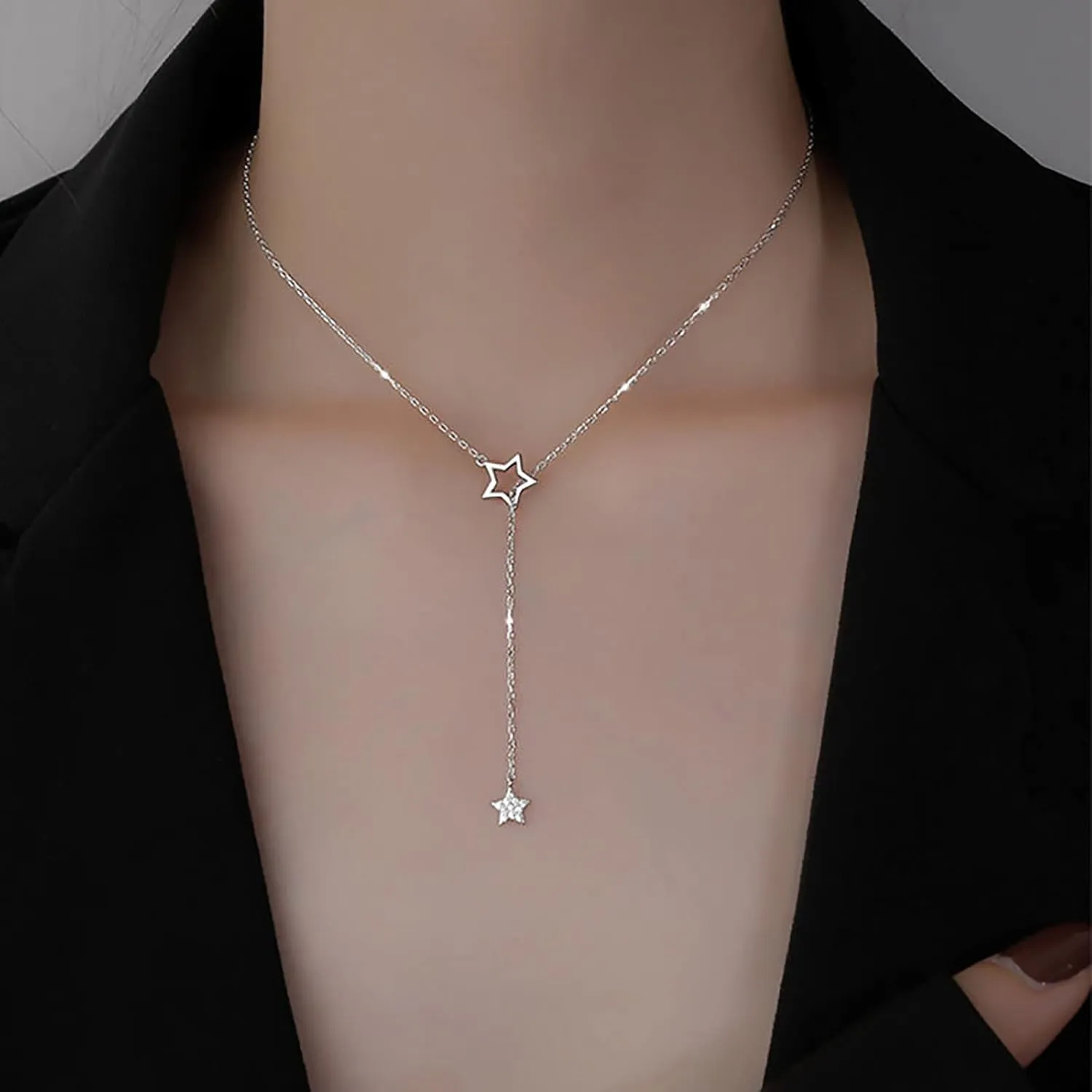 Women Elegant Necklace Multilayer Long Necklace Fashion Layered Star Necklace Pendant Collarbone Chain (Silver, One Size)