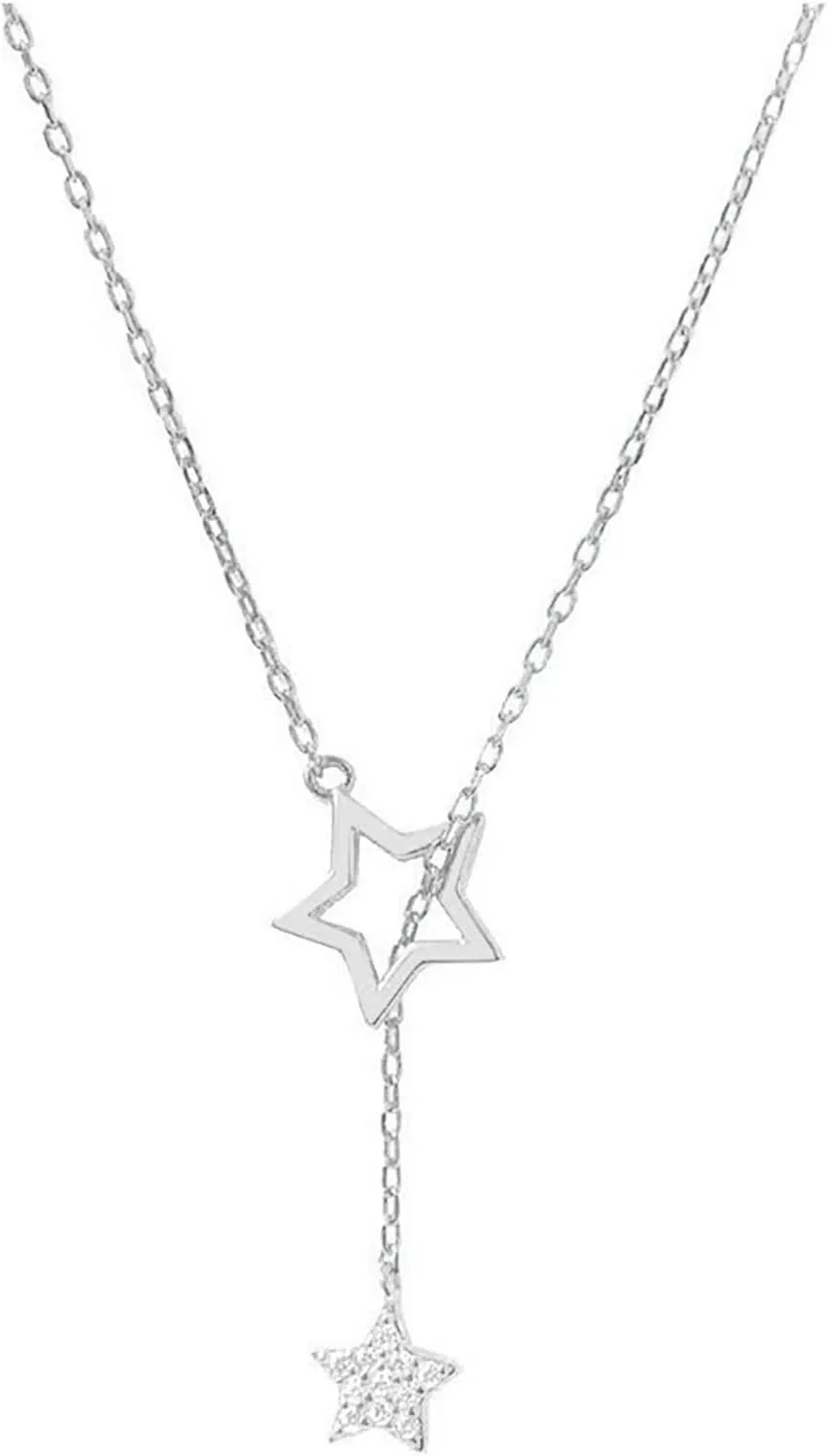 Women Elegant Necklace Multilayer Long Necklace Fashion Layered Star Necklace Pendant Collarbone Chain (Silver, One Size)