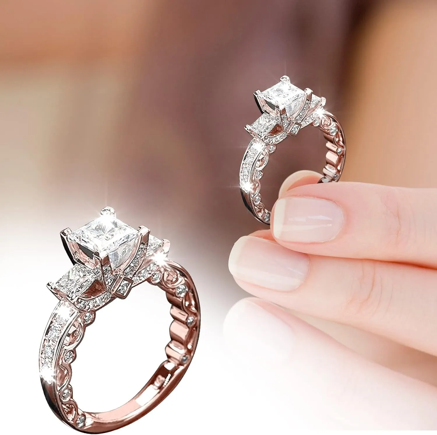 Women Simulated Diamond Rings Bridal Wedding Band Engagement Ring Anniversary Jewelry (Rose Gold-b, 9)