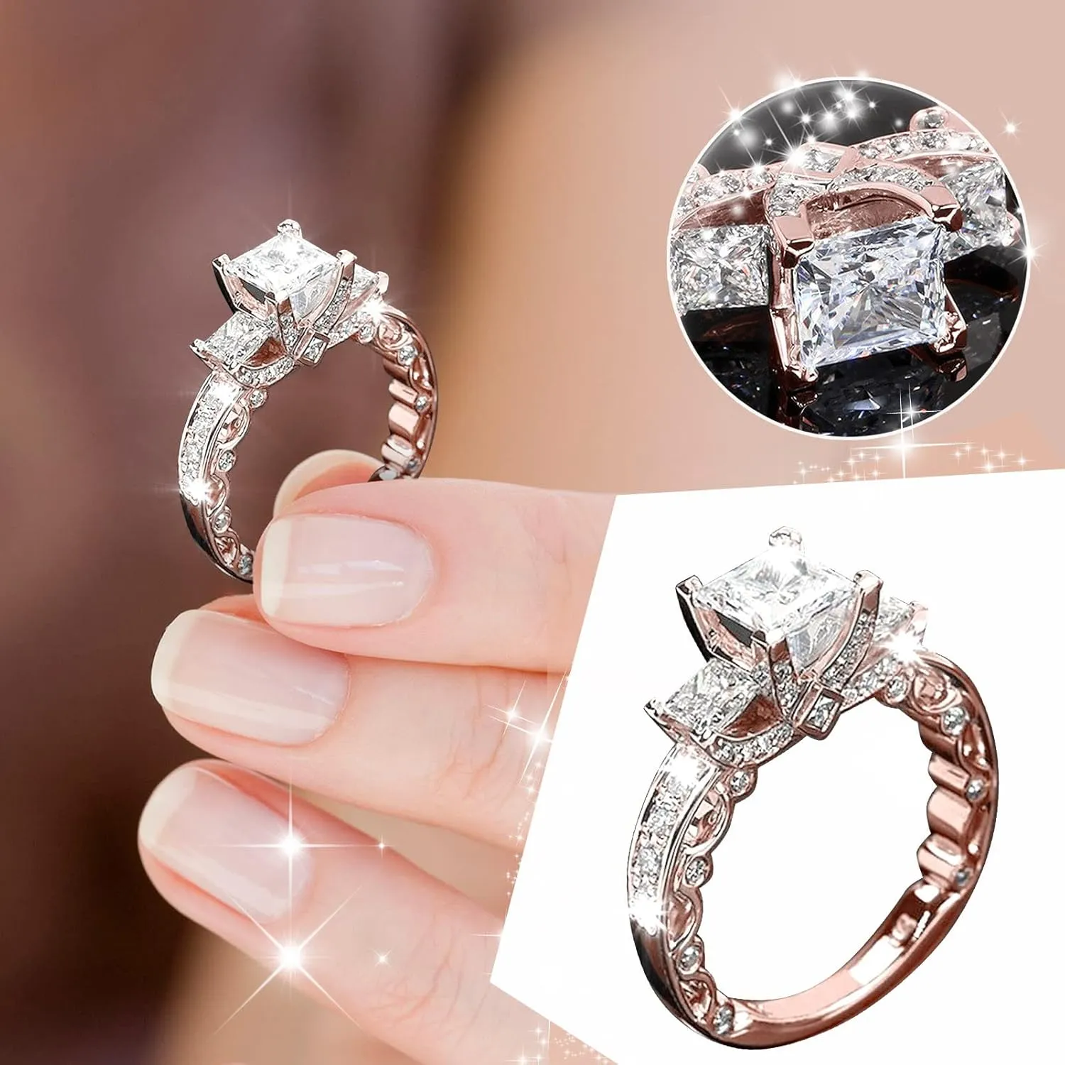 Women Simulated Diamond Rings Bridal Wedding Band Engagement Ring Anniversary Jewelry (Rose Gold-b, 9)