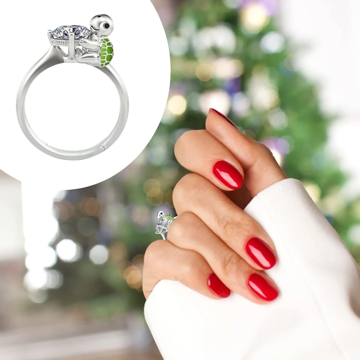 Women Tortoise Ring Adjustable Open Ring Cubic Zirconia Ring Proposal Rings Cute Jewelry (Silver, One Size)