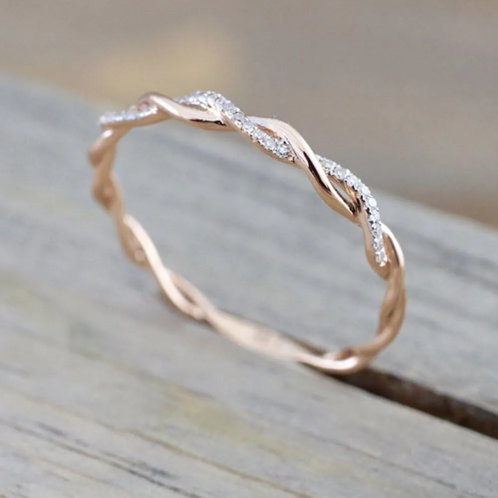 Women Twisted Engagement Rings Inlaid Zircon Stacking Ring Bridal Wedding Band Anniversary Rings (Rose Gold, 10)