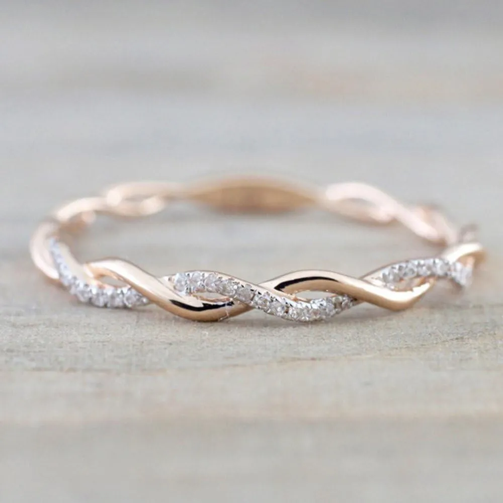 Women Twisted Engagement Rings Inlaid Zircon Stacking Ring Bridal Wedding Band Anniversary Rings (Rose Gold, 10)