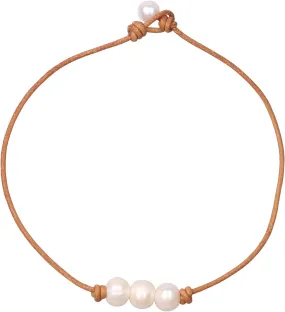 Women White 3 Cultured Freshwater Pearls Choker Necklace on Genuine Leather Cord Knotted Jewelry