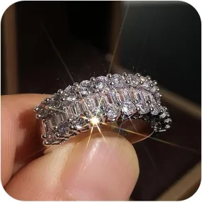 Women's 925 Sterling Silver Double Row Princess Round Cut Wedding Ring Engagement Ring Band White Topaz CZ Engagement Ring Engagement Wedding Band Ring