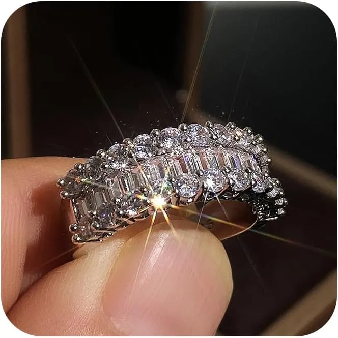 Women's 925 Sterling Silver Double Row Princess Round Cut Wedding Ring Engagement Ring Band White Topaz CZ Engagement Ring Engagement Wedding Band Ring