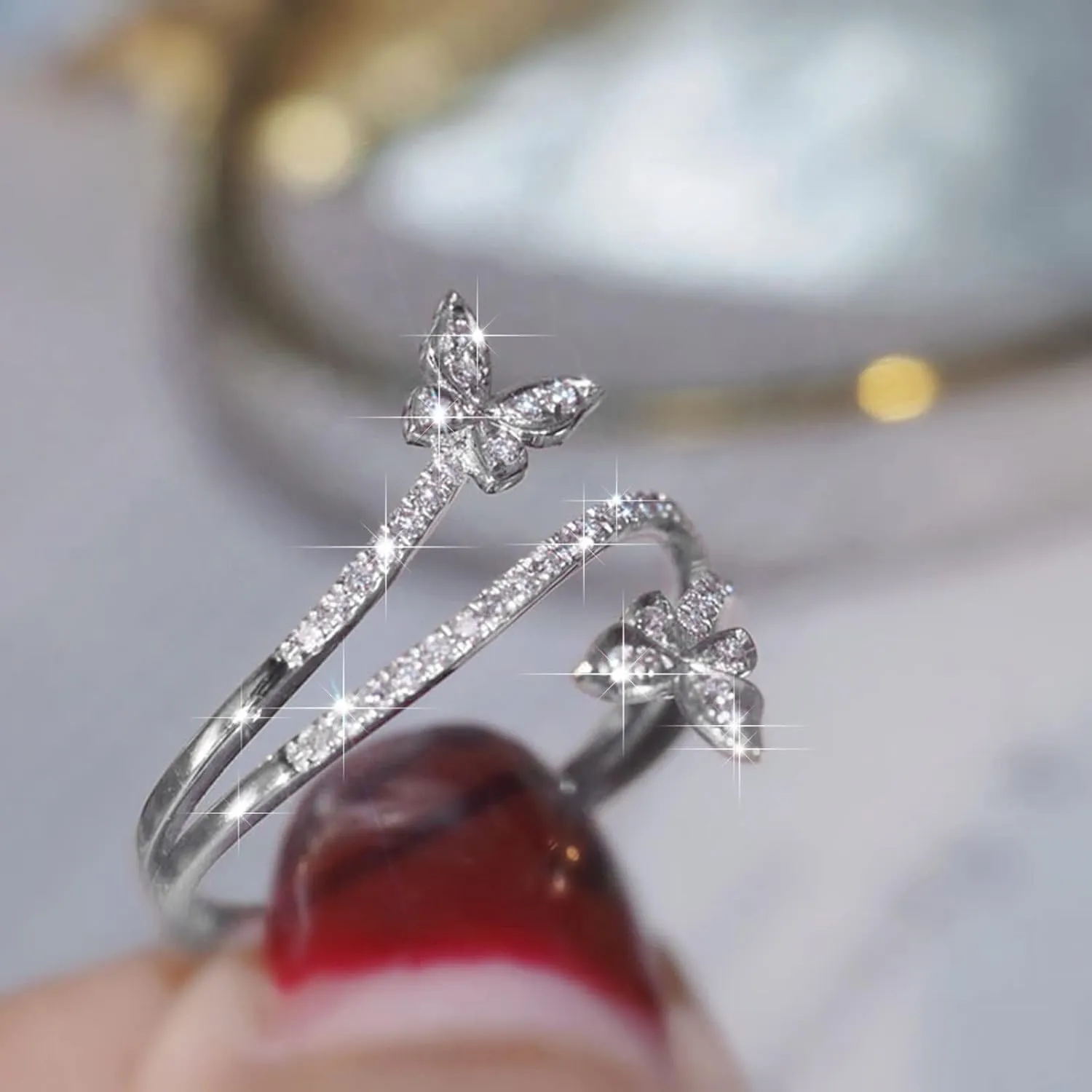 Women's Adjustable Size 925 Sterling Silver Butterfly White Birthstone CZ Butterfly Shape Crystals Rings Jewelry