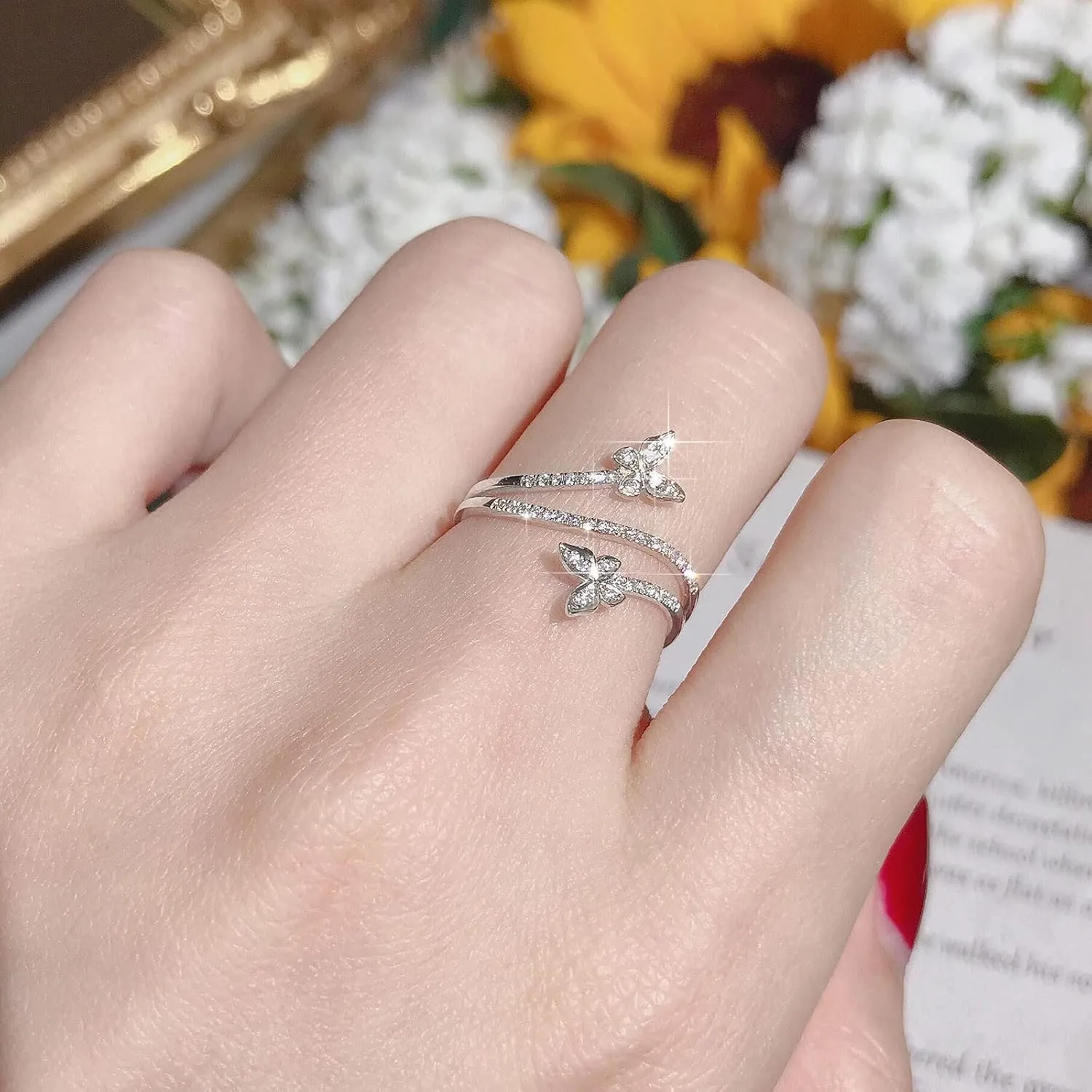 Women's Adjustable Size 925 Sterling Silver Butterfly White Birthstone CZ Butterfly Shape Crystals Rings Jewelry