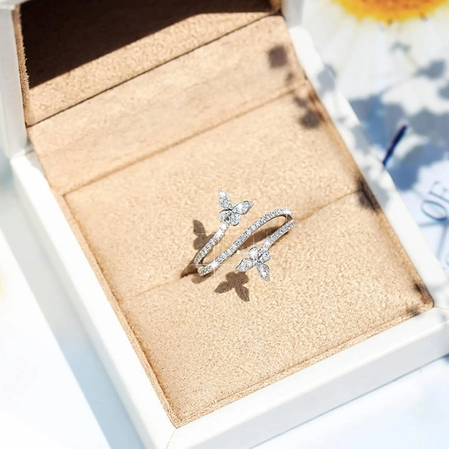 Women's Adjustable Size 925 Sterling Silver Butterfly White Birthstone CZ Butterfly Shape Crystals Rings Jewelry