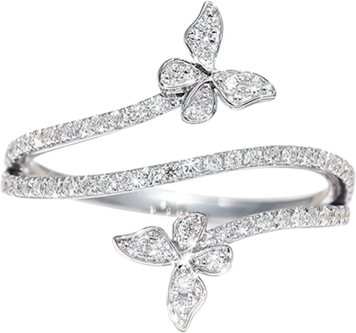 Women's Adjustable Size 925 Sterling Silver Butterfly White Birthstone CZ Butterfly Shape Crystals Rings Jewelry