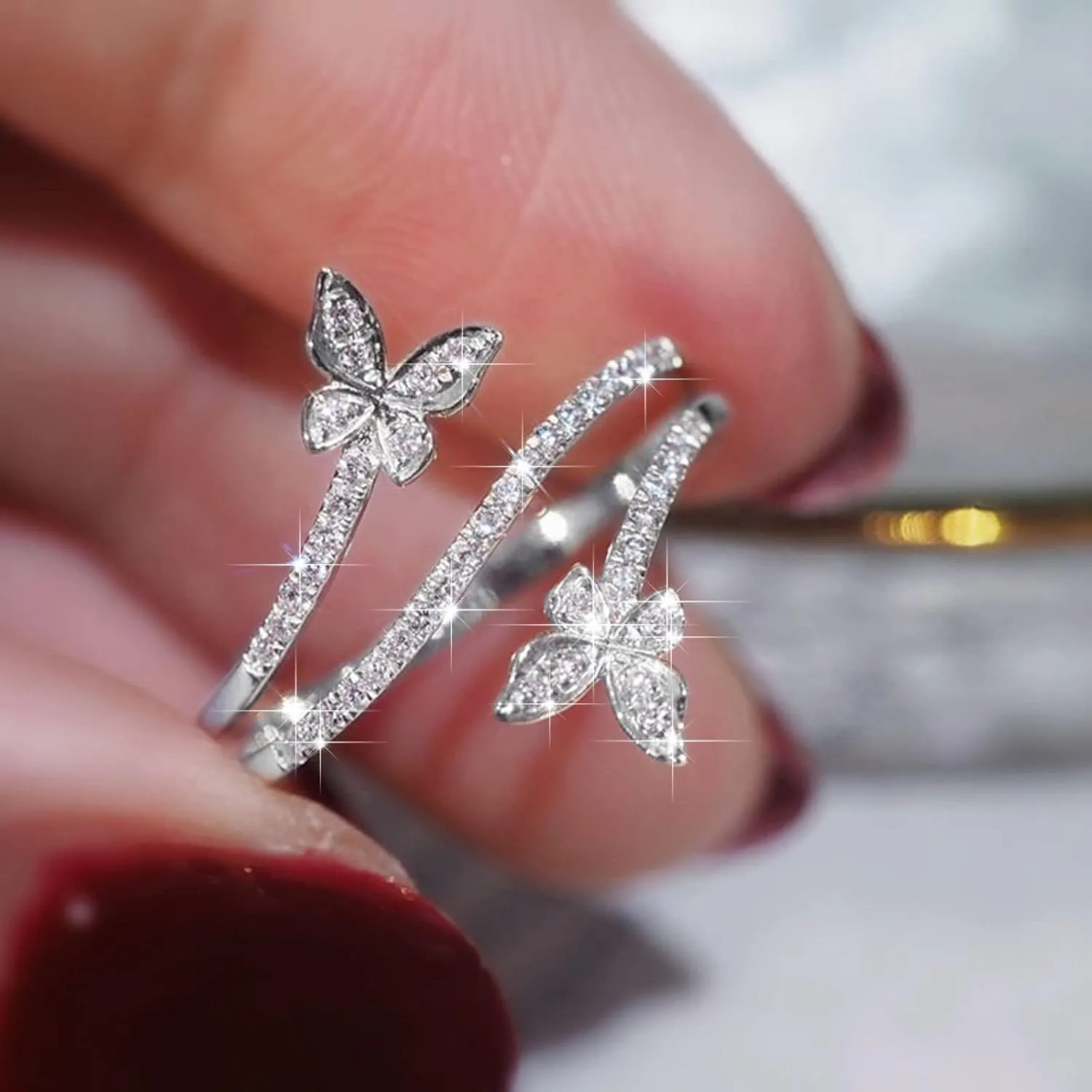 Women's Adjustable Size 925 Sterling Silver Butterfly White Birthstone CZ Butterfly Shape Crystals Rings Jewelry