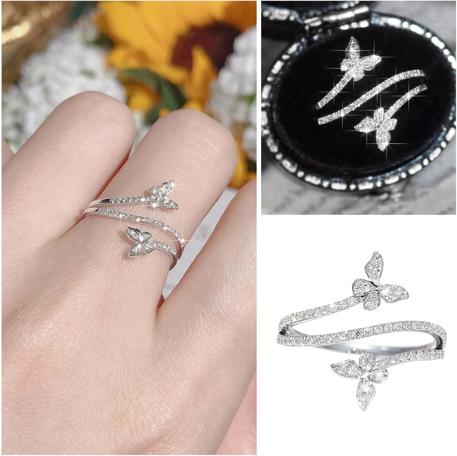 Women's Adjustable Size 925 Sterling Silver Butterfly White Birthstone CZ Butterfly Shape Crystals Rings Jewelry