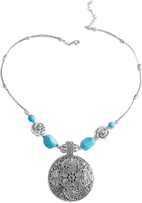 Womens Heart Shaped Turquoise Necklace Beads Ethnic Boho Pendant Necklaces Jewelry Boho Necklace (D, One Size)