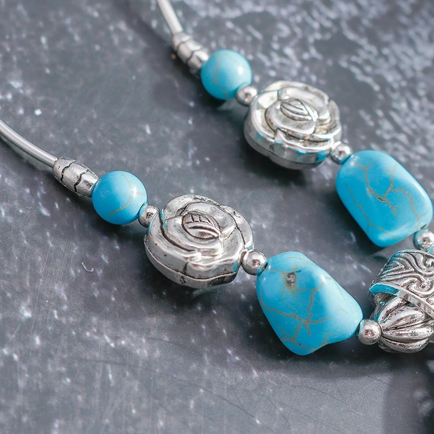 Womens Heart Shaped Turquoise Necklace Beads Ethnic Boho Pendant Necklaces Jewelry Boho Necklace (D, One Size)