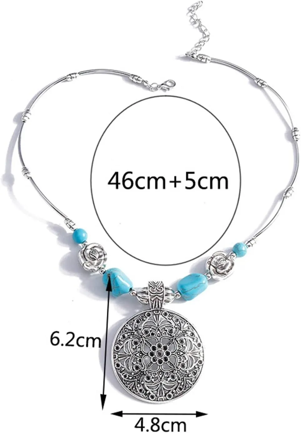 Womens Heart Shaped Turquoise Necklace Beads Ethnic Boho Pendant Necklaces Jewelry Boho Necklace (D, One Size)