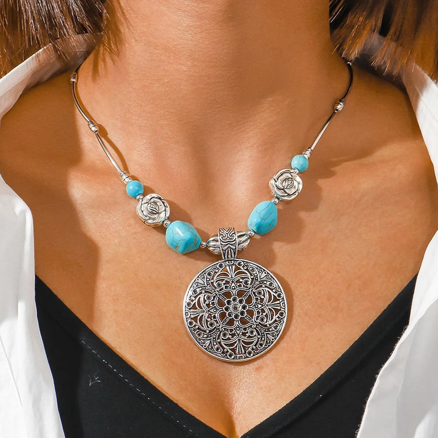 Womens Heart Shaped Turquoise Necklace Beads Ethnic Boho Pendant Necklaces Jewelry Boho Necklace (D, One Size)