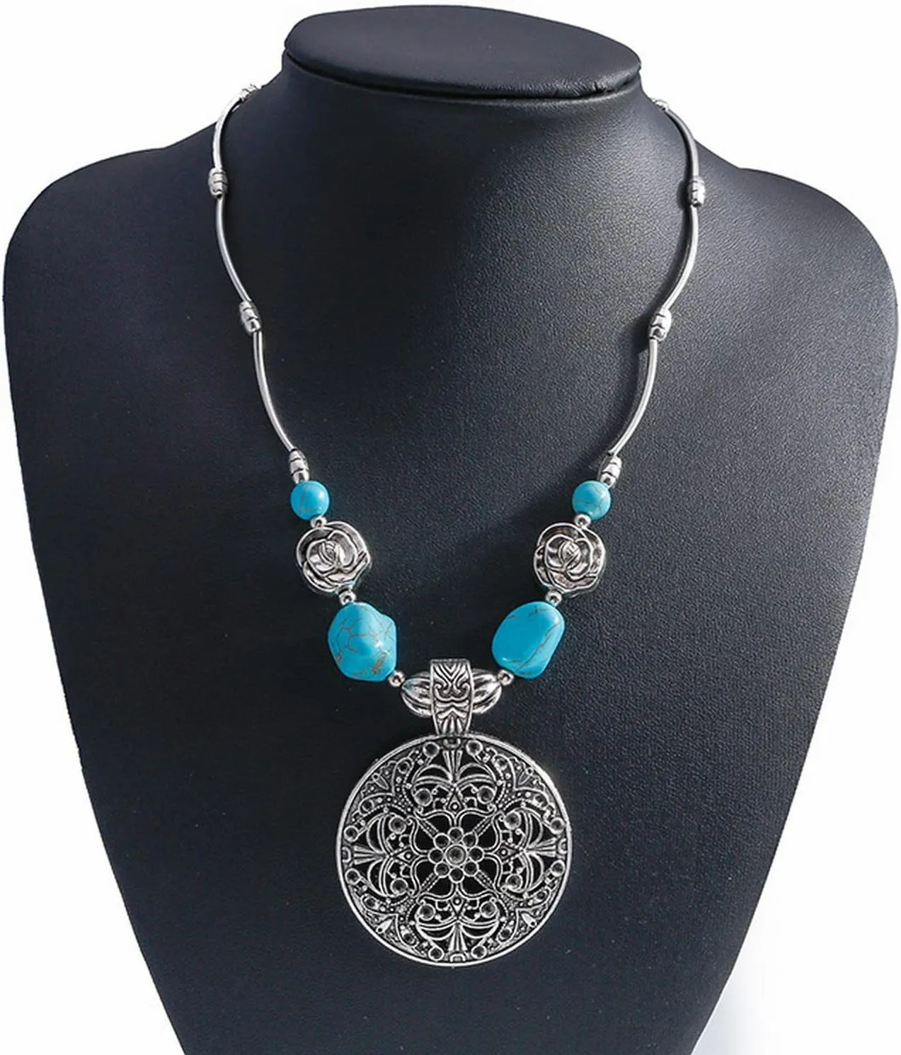 Womens Heart Shaped Turquoise Necklace Beads Ethnic Boho Pendant Necklaces Jewelry Boho Necklace (D, One Size)