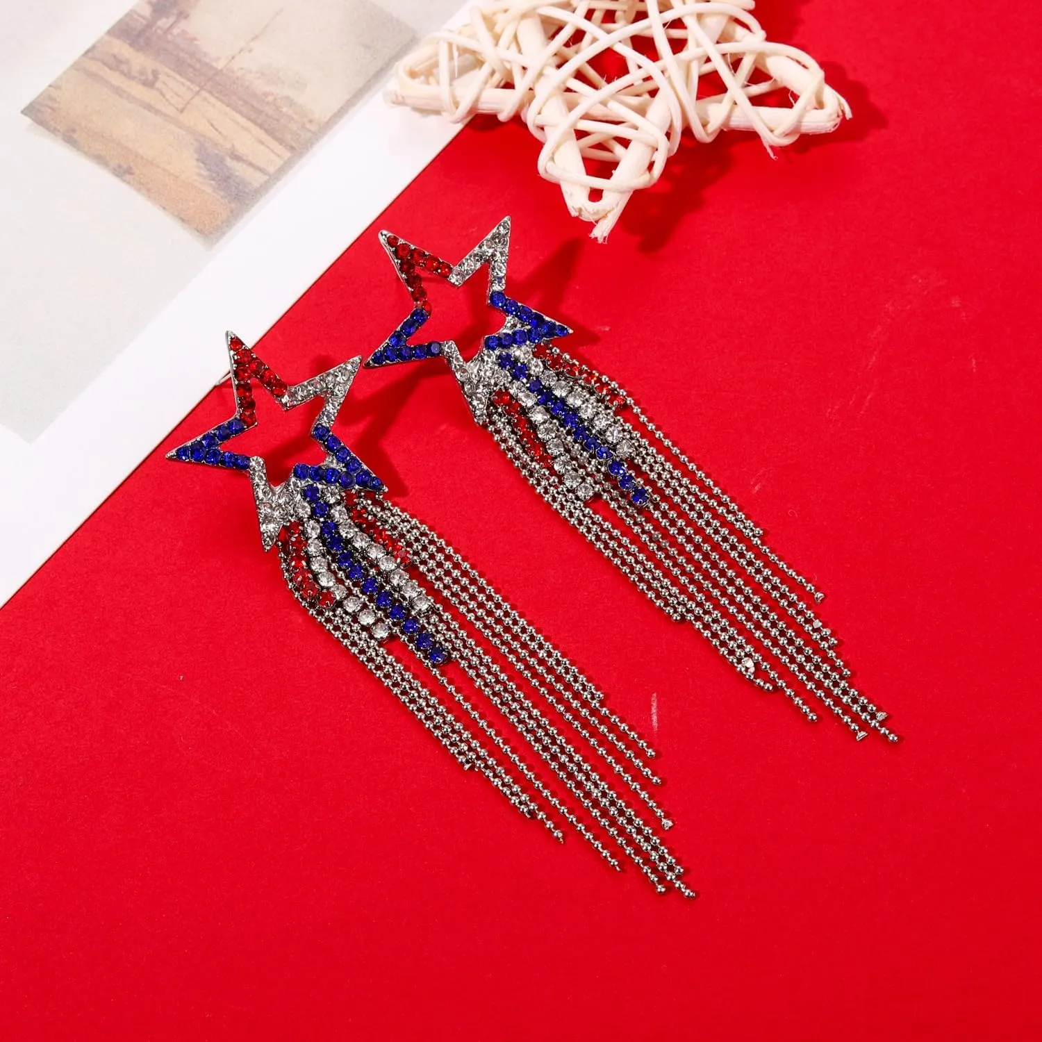 Womens Tassel Earrings Star Ear Stud Pave Crystal Dangle Earrings Boho Waterfall Beaded Fringe Drop Earring