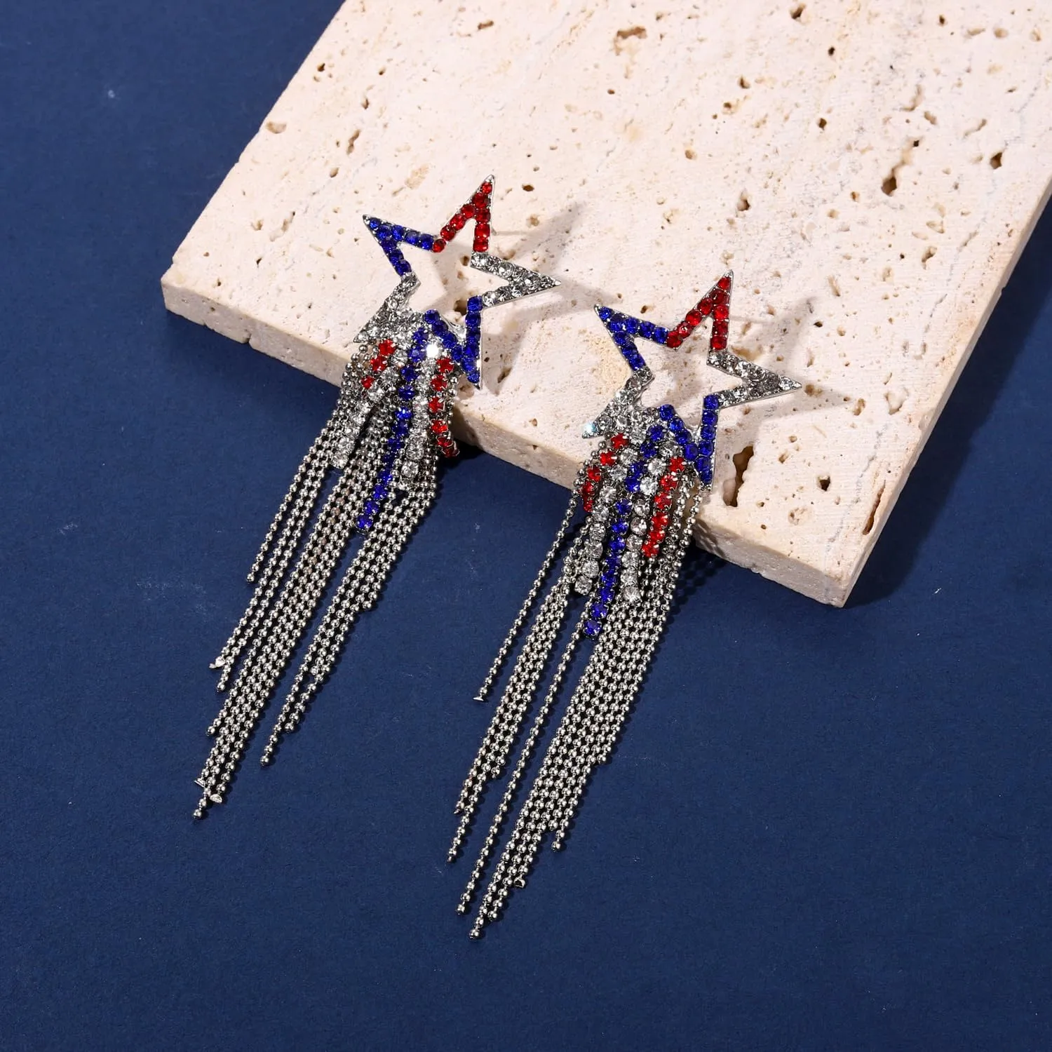 Womens Tassel Earrings Star Ear Stud Pave Crystal Dangle Earrings Boho Waterfall Beaded Fringe Drop Earring