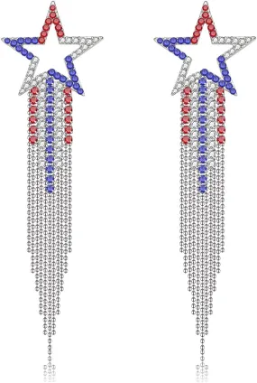 Womens Tassel Earrings Star Ear Stud Pave Crystal Dangle Earrings Boho Waterfall Beaded Fringe Drop Earring