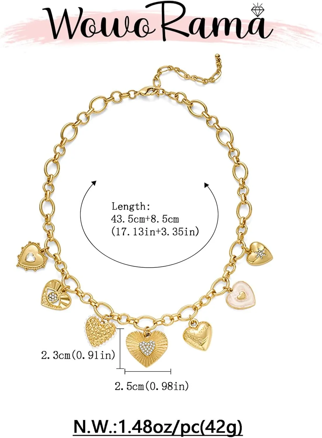 WOWORAMA Chunky Gold Charm Necklace for Women Boho Chunky Heart Statement Necklace Vintage Heart Coin Disc Charm Necklace Jewelry