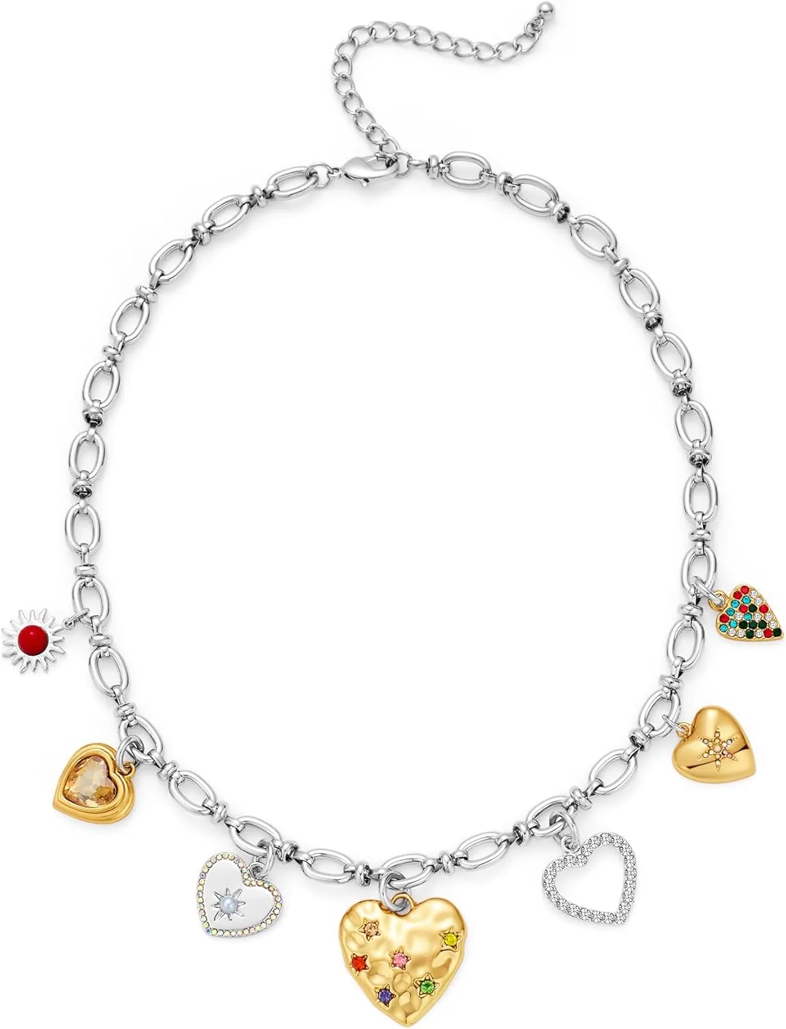 WOWORAMA Heart Statement Necklace for Women Silver Gold Chunky Heart Charm Necklaces Adjustable Chunky Charm Choker Necklace Valentines Necklaces Jewelry