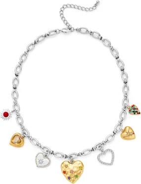 WOWORAMA Heart Statement Necklace for Women Silver Gold Chunky Heart Charm Necklaces Adjustable Chunky Charm Choker Necklace Valentines Necklaces Jewelry