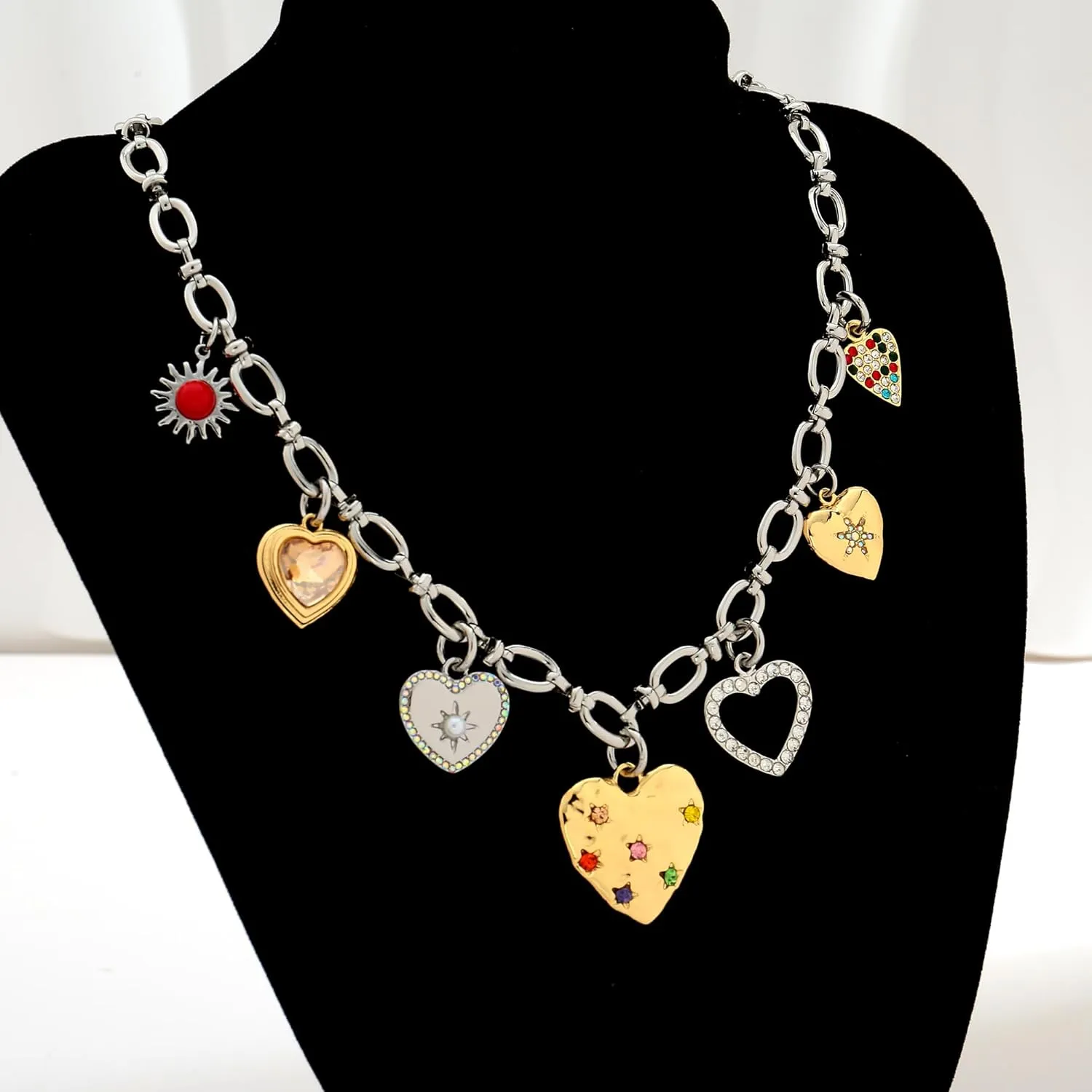 WOWORAMA Heart Statement Necklace for Women Silver Gold Chunky Heart Charm Necklaces Adjustable Chunky Charm Choker Necklace Valentines Necklaces Jewelry