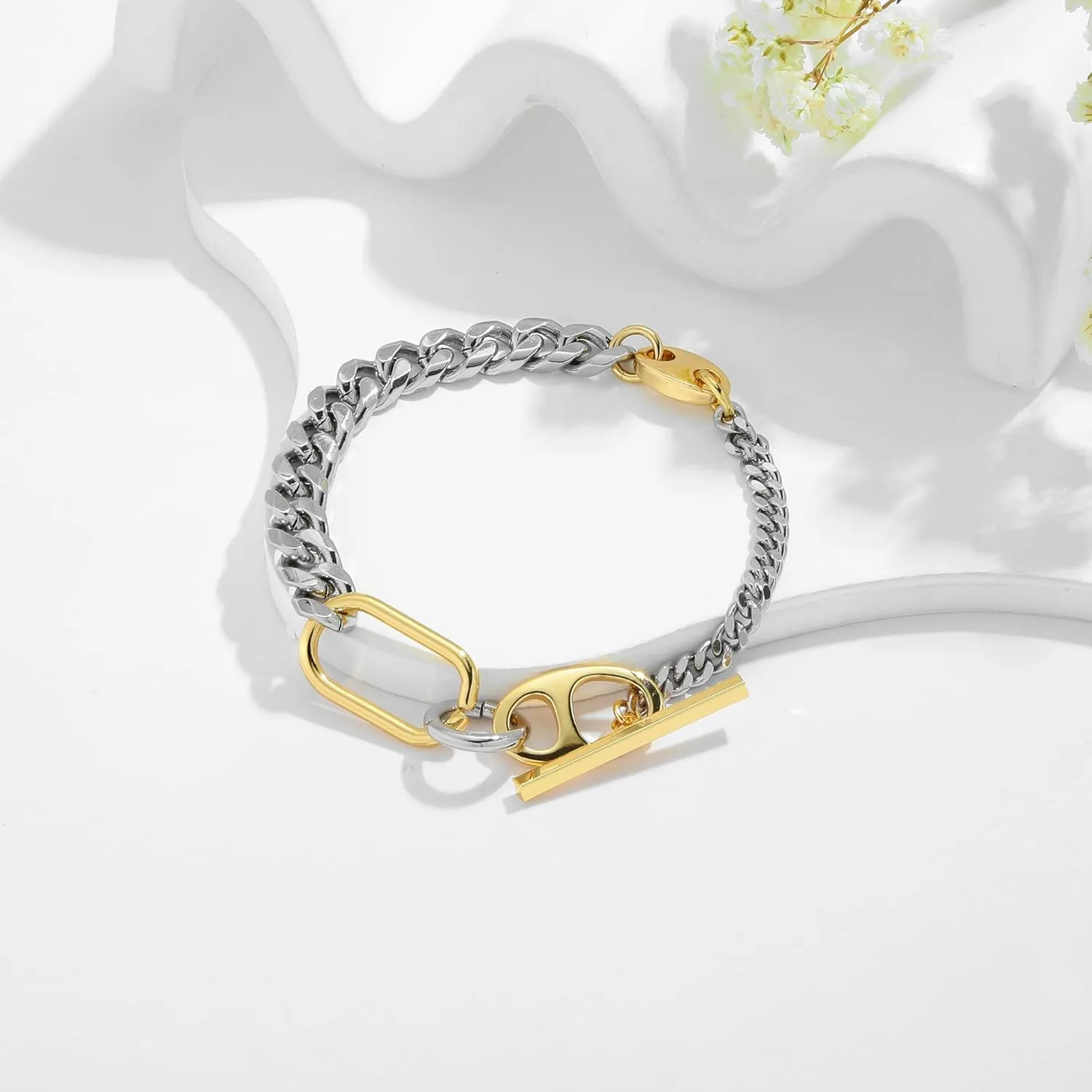 WOWORAMA Two Tone Link Chain Bracelet for Women Men Gold and Silver Paperclip Link Bracelets Unisex Mixed Metal Bracelet Thick Chunky Chain Bracelets